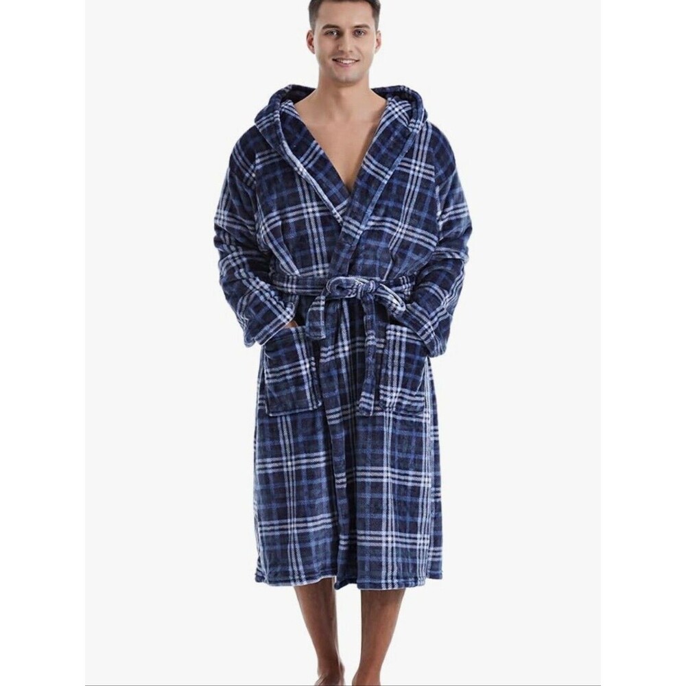 Men's Classic Navy Plaid Hooded Bathrobe - NIP
